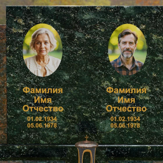Комбинированный горизонтальный памятник на двоих в Ставрополе, гранит Балтик грин