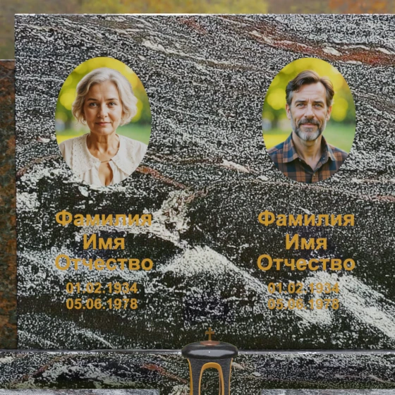 Комбинированный горизонтальный памятник на двоих в Ставрополе, гранит амфиболит