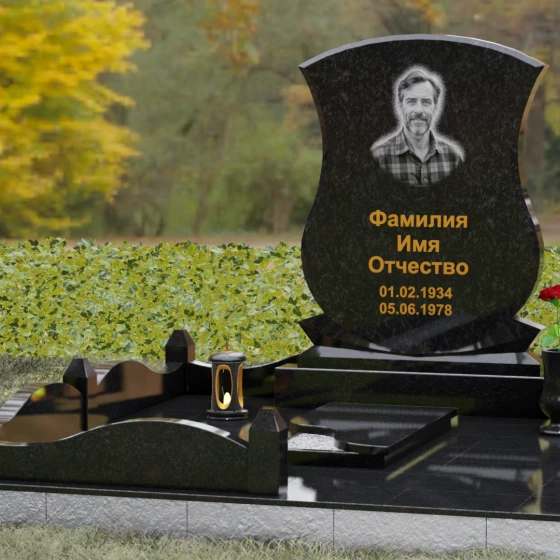 Гранитное надгробие с фигурными столбиками и мощением, гранит Габбро-диабаз, вид 4, в Якутске
