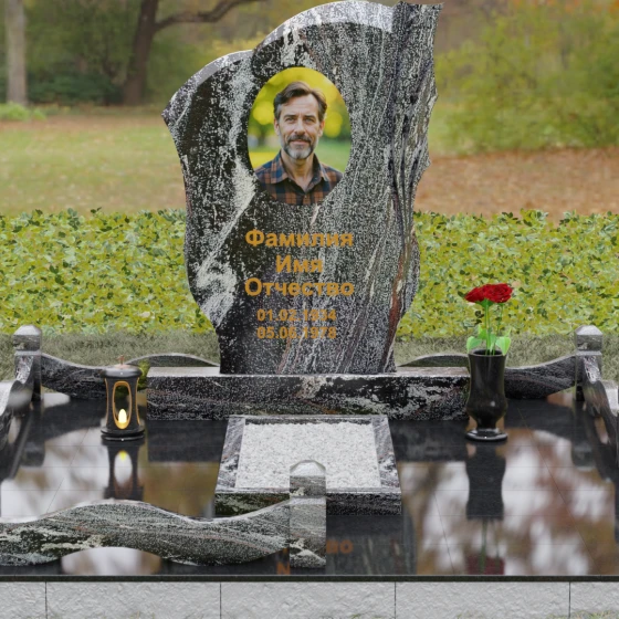Гранитный вертикальный памятник светский в Барнауле, гранит амфиболит, вид 2