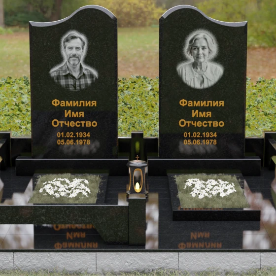Памятник гранитный двойной с волнообразным верхом, гранит Габбро-диабаз, вид 2, в Якутске