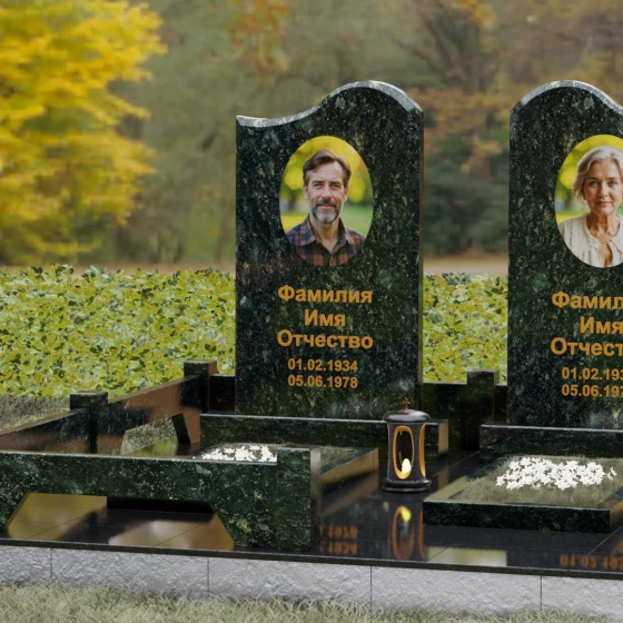 Памятник гранитный двойной с волнообразным верхом, гранит Балтик грин, вид 4, в Якутске
