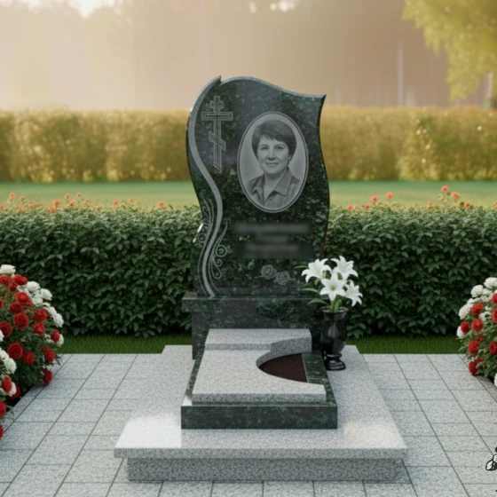 Православный гранитный памятник с мемориальным комплексом во Владивостоке, гранит Балтик грин