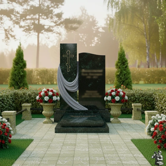Элитный памятник с драпировкой и крестом, гранит Балтик грин, в Якутске