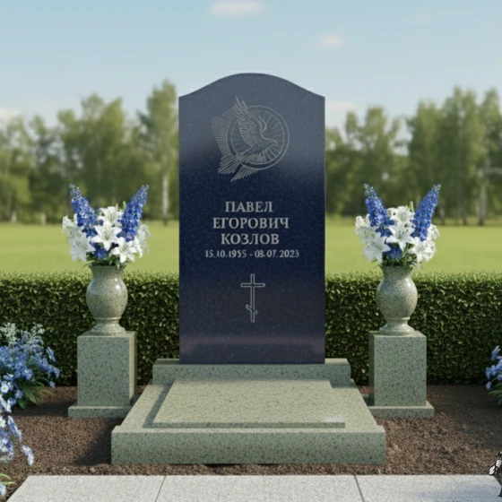 Памятник с парящим голубем и аркой, гранит Блю Перл, в Якутске