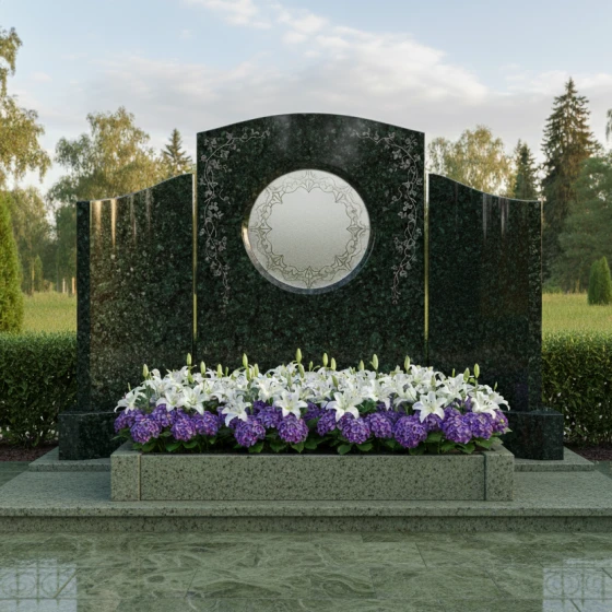 Гранитный памятник-свиток с круглой нишей, гранит Балтик грин