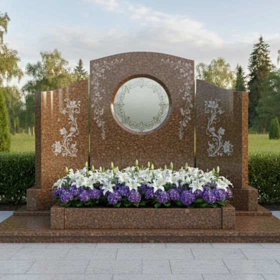 Гранитный памятник-свиток с круглой нишей, гранит Дымовский