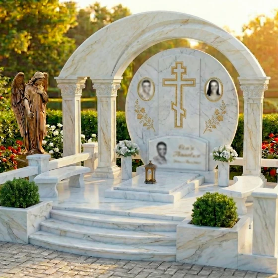 Гранитный памятник на троих с крестом в Омске, мрамор Тассос