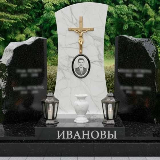 Православный гранитный памятник с крестом на двоих во Владивостоке, мрамор Тассос