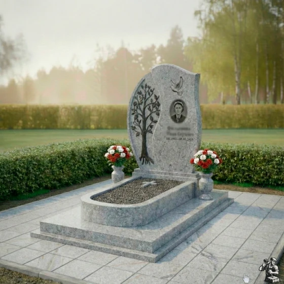 Гранитный мемориал с деревом и голубем, гранит Мансуровский, в Якутске