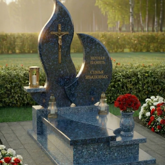 Мемориальная композиция с латунным крестом и вазой, гранит Блю Перл, в Якутске