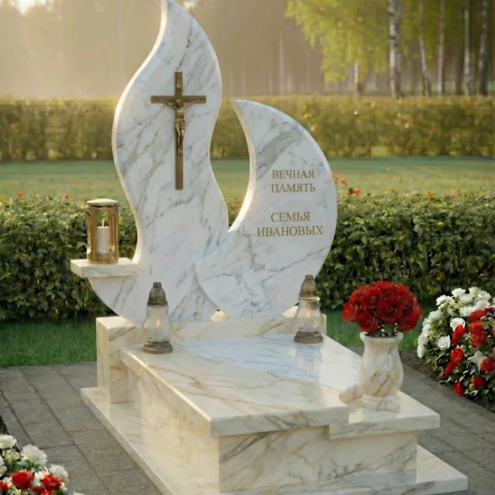 Мемориальная композиция с латунным крестом и вазой, мрамор Тассос, в Якутске