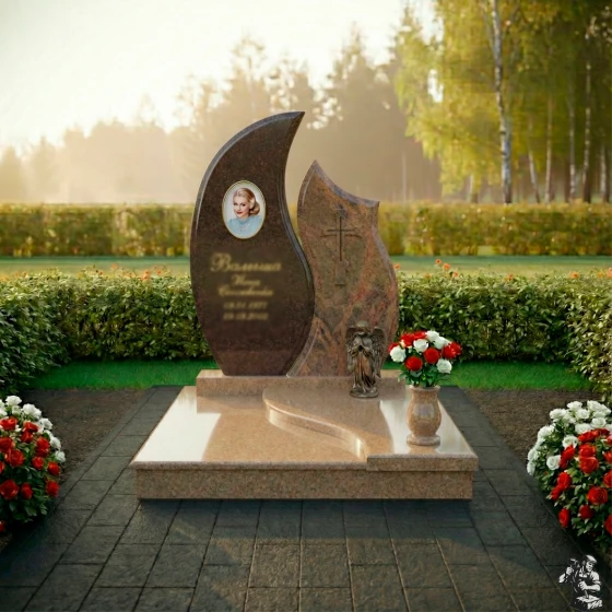 Комбинированный памятник с крестом и ангелом, гранит Дымовский, в Якутске