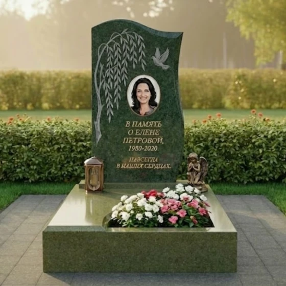 Гранитный вертикальный памятник с мемориальным комплексом в Барнауле, гранит Балтик грин