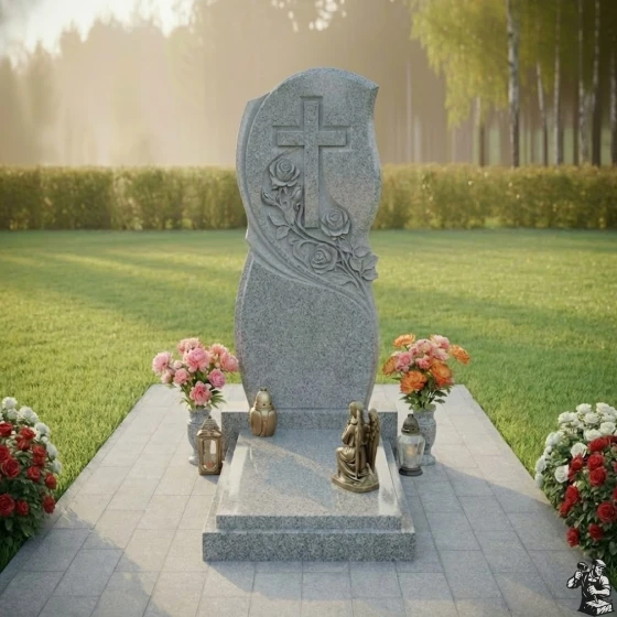Православный гранитный памятник с крестом и мемориалом в Новокузнецке, гранит Мансуровский