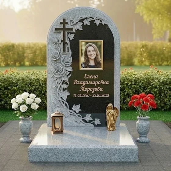 Православный гранитный памятник с крестом во Владивостоке, гранит Мансуровский