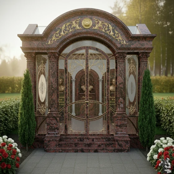 Семейный гранитный памятник с массивными дверями, гранит Лезниковский, в Якутске