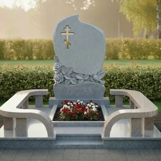 Элитный Гранитный православный памятник с крестом во Владивостоке, гранит Мансуровский