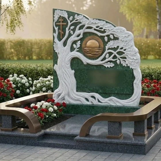 Элитный Комбинированный памятник с крестом в Оренбурге, гранит Балтик грин
