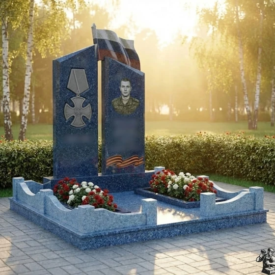 Гранитный вертикальный светский памятник во Владивостоке, гранит Блю Перл