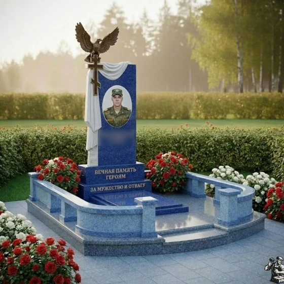 Элитный Гранитный православный памятник в Барнауле, гранит Блю Перл