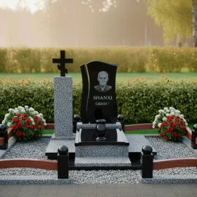 Элитный комбинированный памятник со стеклом и крестом - ПН428