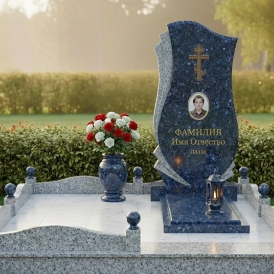 Гранитный мемориальный комплекс с крестом вертикальный во Владивостоке, гранит Блю Перл