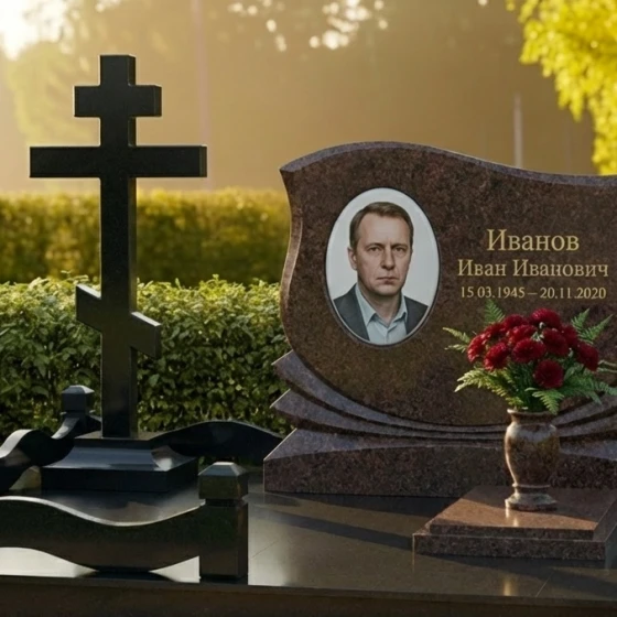 Элитный православный памятник с крестом в Ижевске, гранит Дымовский