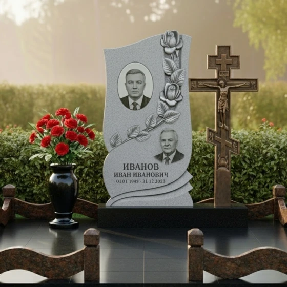 Православный гранитный памятник с крестом для комплекса в Рязани, гранит Мансуровский