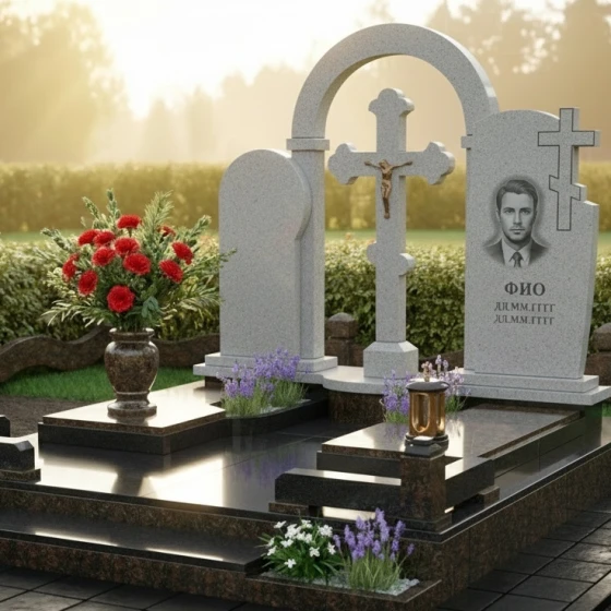 Гранитный монумент с резным распятием, гранит Мансуровский