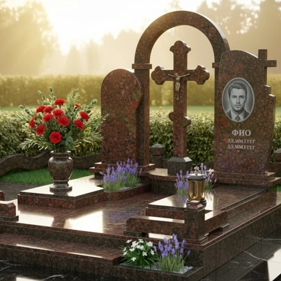 Гранитный монумент с резным распятием, гранит Лезниковский