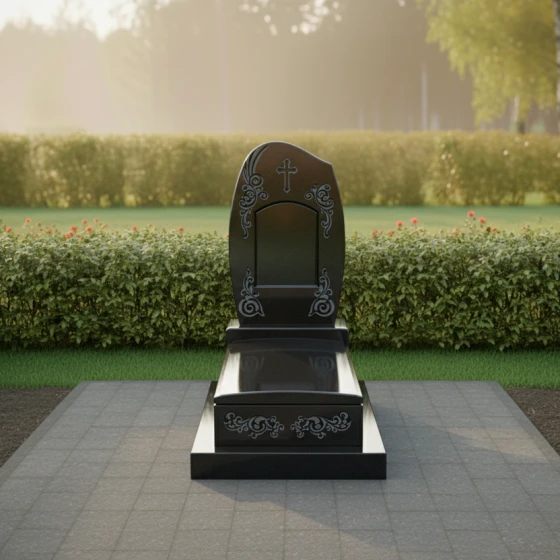 Православное надгробие с резными узорами, гранит Габбро-диабаз, в Якутске