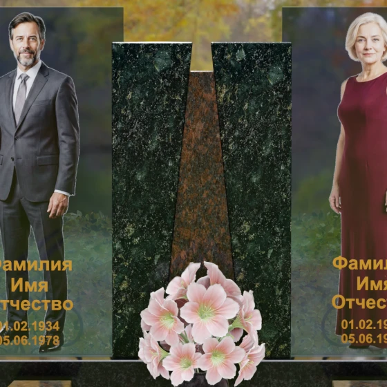 Комбинированный памятник со стеклянными панелями и гранитным пилоном, гранит Балтик грин, в Якутске
