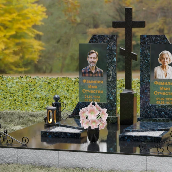 Православный памятник со стеклом для двоих в Барнауле, гранит Блю Перл, вид 4