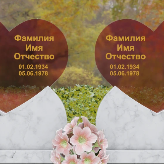 Горизонтальный памятник из гранита и стекла для двоих в Новокузнецке, мрамор Тассос