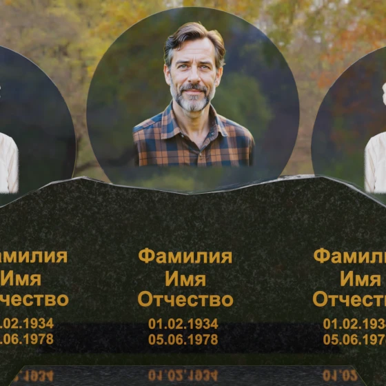 Горизонтальный гранитный памятник на троих в Воронеже, гранит Габбро-диабаз