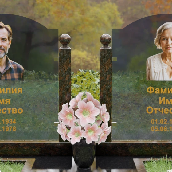 Горизонтальный памятник с арками и стеклом, гранит Дымовский, в Якутске