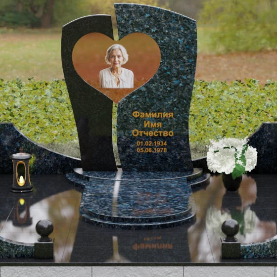 Вертикальный комбинированный памятник на одного в Челябинске, гранит Блю Перл, вид 2