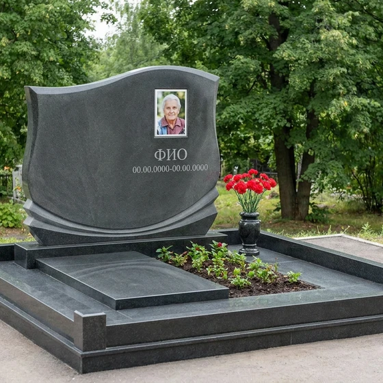 Памятник из тёмного базальта в виде раскрытой книги