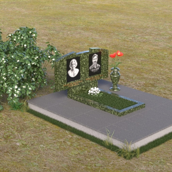Горизонтальный памятник с плавной дугой, гранит Балтик грин, вид 2