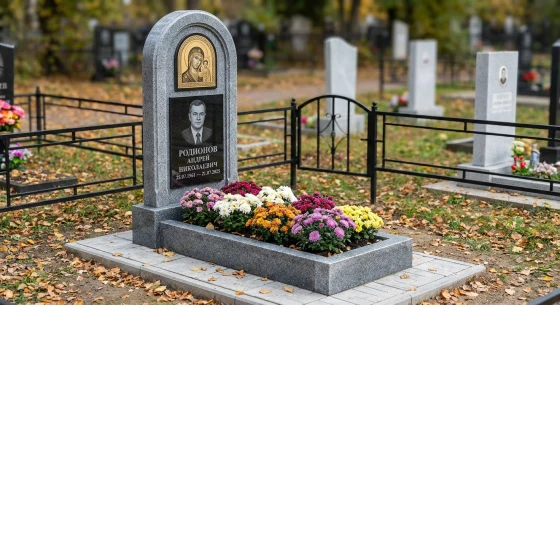 Гранитный памятник в виде скалы с оградой