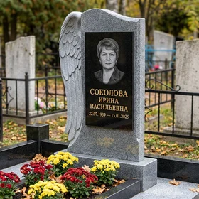 Гранитный памятник в виде книги, гравировка кадуцей
