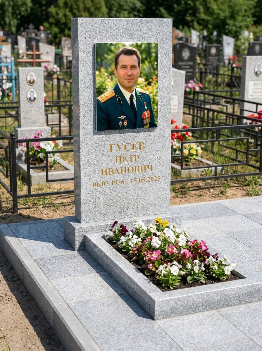 Портрет на памятнике во Владивостоке — Прямоугольник на гранитной стеле, ФИО и даты на портрете